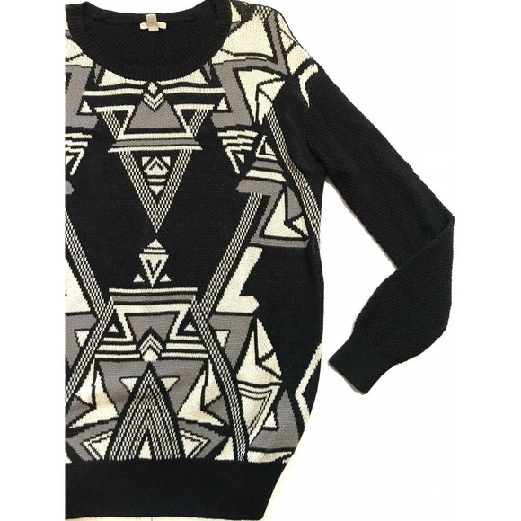 Ecote Womens Geometric Pattern Oversize Pullover Sweater Black Gray Small S - Picture 2 of 12